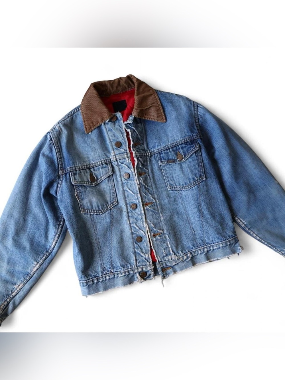 Classic Blue Denim Jean Jacket with Brown Corduroy Collar